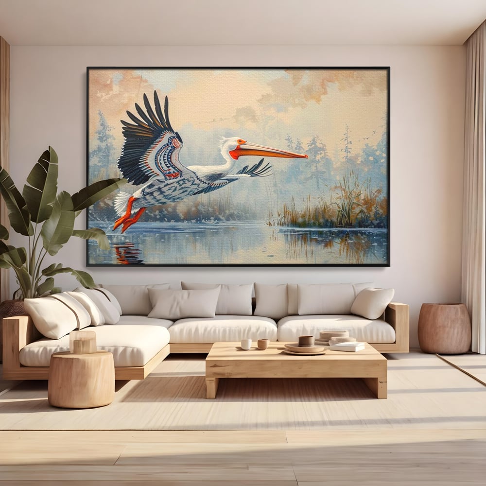 Tablou canvas cu tablou canvas cu pelican in zbor, in rama de aluminiu negru, pe perete intr-un living